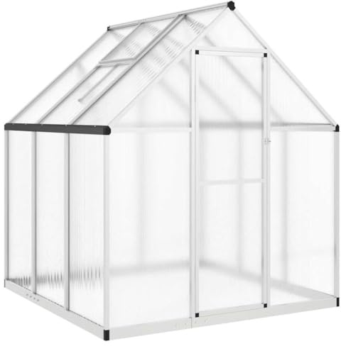 Gewächshaus Aluminiumrahmen Silbern 169x169x195 cm, UV-beständiges Polycarbonat Gewächshaus mit Fundamentrahmen, wetterfester Alurahmen und 5-Fach verstellbarem Lüftungsfenster