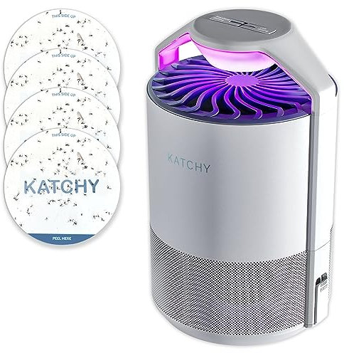 KATCHY - Trampa para insectos terrestres y voladores para interiores, para moscas de la fruta y mosquitos, con ventilador, luz UV y bandas de pegamento adhesivas, color blanco