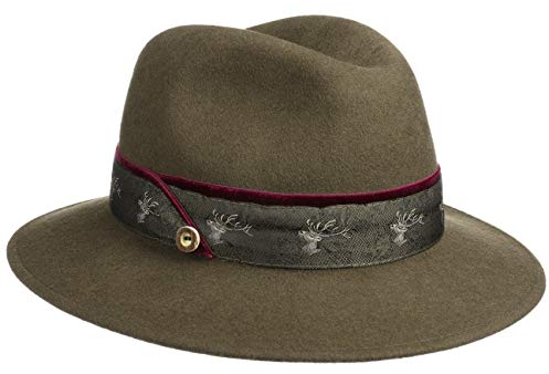 Lodenhut Manufaktur Damen Deertrim Filzhut Damenhut Trachtenhut Wollhut Wollfilzhut (55 cm - Oliv)