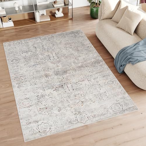 TAPISO Feyruz Teppich Kurzflor Hellgrau Blau Honig Vintage Klassisch Orientalisch Used Effekt Wohnzimmer Schlafzimmer ÖKO-TEX 80 x 150 cm