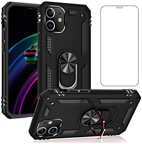 Asuwish Compatible with iPhone 12 Mini Case 5.4 inch and Tempered Glass Screen Protector Magnetic Stand Ring Holder Hard Shockproof Accessories Phone Cases for iPhone12mini i 12s iPhone12 12mini Black