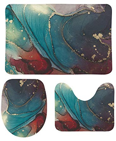 My Daily 3-teiliges Badezimmerteppich-Set, abstrakt, blaugrün, violett, Marmor, moderne Kunst, Konturmatte, WC-Deckelbezug, rutschfeste Badematte