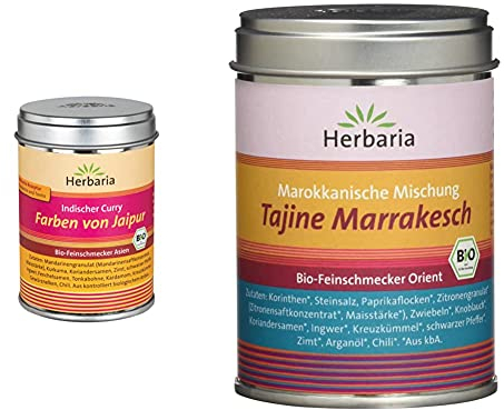 Herbaria 'Farben von Jaipur' Indischer Curry, 80 gramm & Tajine Marrakesch Marokkanische Gewürzmischung, 1er Pack (1 x 100 g Dose) - Bio