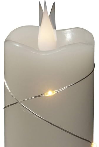 Konstsmide LED Echtwachskerze weiß, 3D Flamme, Draht umwickelt, 4/8h Timer, 1 warm weiße Diode/8 LED Tropfen, batteriebetrieben, Innen, silberfarbenes Kabel, Batterie: 2 x AA 1,5V (exkl.) - 1825-190
