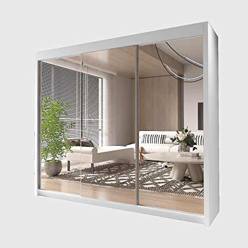 INTERWOOD Modern Full Mirror 2&3 Sliding Doors Wardrobe With Adjustable Shelves, Hanging Rails, Bedroom Furniture (White 250cm)
