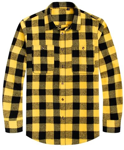 J.VER Men Shirts Flannel Checked Cotton Lumberjack Long Sleeve Casual Winter Regular Fit Work Warm Shirt for Men Yellow XL