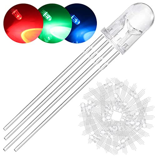 DAOKAI 100Pack 5mm LED Light Emitting Diode Common Cathode DC 3V 20mA RGB Tri-Color(Red/Green/Blue) 4Pin Clear Transparent Round LED Buld Lamps Electronics Components for Arduino