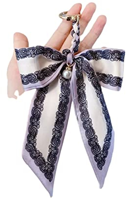 YOYUMI Portachiavi Casa Sciarpa Di Seta Fiocco Portachiavi Perla Seta Fiocco Portachiavi Borsa Ciondolo Catena Viola