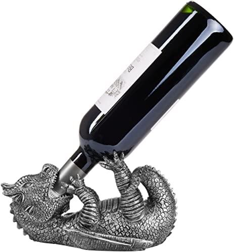 BRUBAKER Weinflaschenhalter durstiger Drache Silber - Fantasy Flaschenhalter Drachenmodel - Flaschenständer Deko Figur Handbemalt Weinzubehör - Lustige Dekoration aus Kunstharz - Wein Geschenk