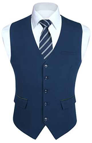 HISDERN Anzugweste Navy Blau Herren Elegant Hochzeit Weste Anzug Klassische Einfarbig Businessweste Formelle Smoking Anzugwesten mit Taschen L