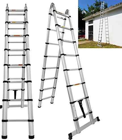 Telescoping Ladder Retractable Safety Step Ladder, Folding 5M(2.5M+2.5M) A-Type Multi Purpose Loft Ladder, Stainless Steel Frame Folding Retractable Library Ladder, Max. Loading Capacity 330lbs