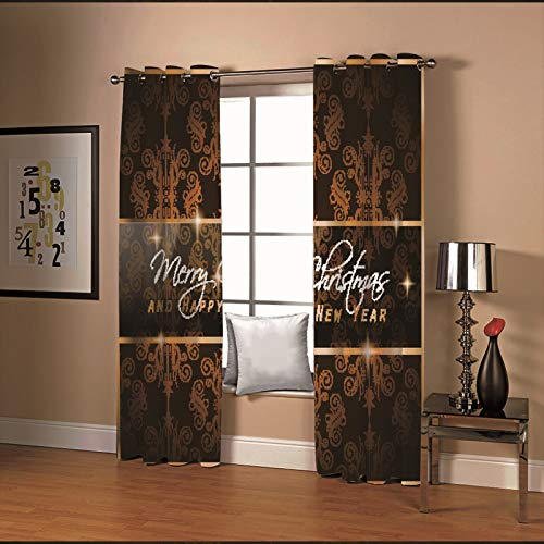AMDXD Vorhang Gardinen Abdunkeln, Vintage Blumen Merry Christmas Happy New Year Vorhang Fenster Wohnzimmer Dunkel Braun Ösenvorhang 2er Set für Dekoration Schlafzimmer, 214x274CM (B x H)