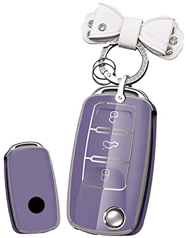 HIBEYO Klappschlüssel Autoschlüssel hülle passt für VW TPU Schlüsselhülle Schlüsselbox für VW CC MK6 Polo Beetle Skoda Superb Octavia für Seat Altea Leon Fernschlüssel Flip Schlüsseletui-Lila
