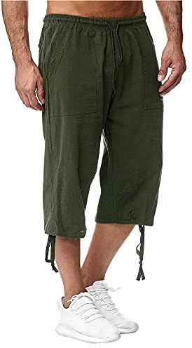 Sprifloral Mens Linen Shorts 3/4 Length Pants Summer Trousers Beach Yoga Joggers Casual Sweatpants Green 5XL
