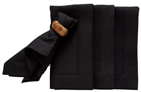 Solino Home Mittelschwere Leinenservietten 20x20 Zoll,100% reines Leinen schwarz Dinnerservietten 4er Set,Hohlsaum Stoffservietten für Winter, Frühling, Ostern,handgefertigt aus europäischem Flachs