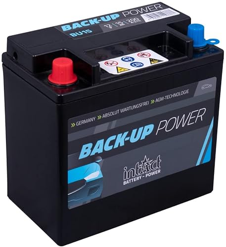 intAct AGM Zusatzbatterie 12V 15Ah 200A, wartungsfreie AGM Backup Batterie, ideal als PKW Stützbatterie für Hifi-Systeme und weitere Zusatzfunktionen, Maße (LxBxH): 150x87x145mm, Pluspol links