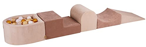 MEOWBABY Schaumstoff Bausteine Kinder - Bausteine XXL aus Schaumstoff mit Bällebad und 100 Bälle für Kinder - Baby Softbausteine zum Klettern, Samt, Ecru-Beige
