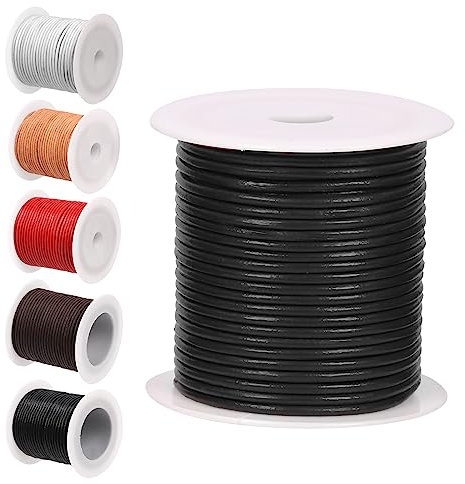 Glarks 11 Yards x 2mm Round Leather String Cord, Soft and Smooth Jewelry Leather Rope for Necklaces Bracelets Making, Wrapping, Beading Craft and Shoelaces Replacement (Black)