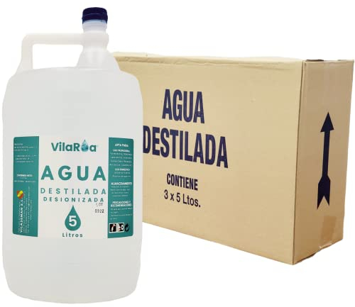 VILAROA Agua Destilada Desionizada 5L Apta para CPAP Autoclaves Planchas Baterías Laboratorio Limpieza Técnica 1 Caja con 3 Garrafas de 5 litros (3)