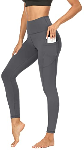 DDOBB Sport Leggings Damen High Waist Mit Taschen Bauchweg Sportleggins Gym Sporthose Leggins Blickdichte Lang Po Push Up Laufhose Yoga Hosen(Normal-Dunkelgrau,M)