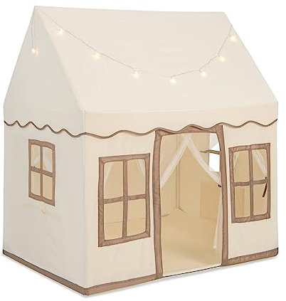 Maxmass Kids Play Tent, Large Children Playhouse with Star Lights and Non-slip Mat, Indoor & Outdoor Princess Castle Tent for Boys Girls (Beige + Coffee)