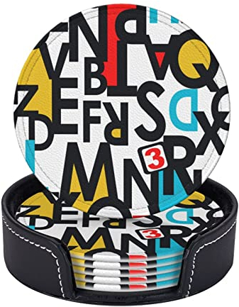 Untersetzer mit englischem Alphabet-Aufdruck für Getränke mit Halter, 6 Stück, runde Tassen, Tischsets, Heimdekoration, Auto, Büro, Tischuntersetzer
