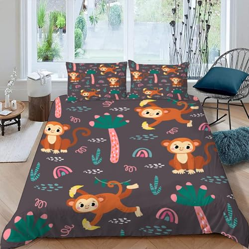AASIRA Cartoon AFFE Bettwäsche 135x200 Kinder Bettwäsche Tiere Wald Weiche Mikrofaser Bettbezug mit Reißverschluss Jungen Mädchen Bettwäsche-Set 3D Motiv Bettbezüge mit 2 Kissenbezug 80x80