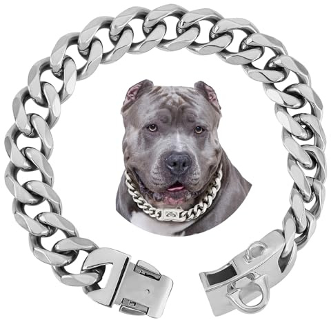 BAOBOTE Hundehalsband mit silberfarbener Kette, 19 mm, luxuriös, kubanisches Glieder-Hundehalsband mit sicherer Schnappschnalle, für große Pitbulls (40,6 cm, Silber)