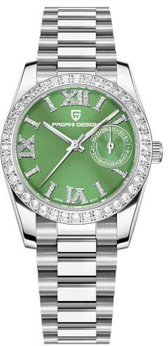 Pagani Design Diamant Uhren für Frauen Quarz Luxus römische Ziffern Armbanduhr Japan (vh65) Edelstahl Saphirglas Datum (grün)