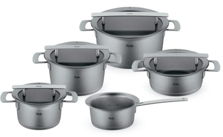 Fissler Phi Collection/Edelstahl-Topfset,5-teilig, Töpfe mit Glas-Deckel (3 Kochtöpfe, 1 Bratentopf, 1 Stielkasserolle) – Induktion