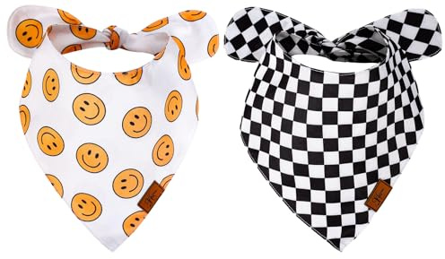 JarThenaAMCS 2Pcs One Happy Dude Dog Bandana Boho Smile Face Checkerboard Print Fabric Pet Scarf Medium Sizes Adjustable Pet Neckerchief Bibs for Cat Dog Birthday Costume Accessories