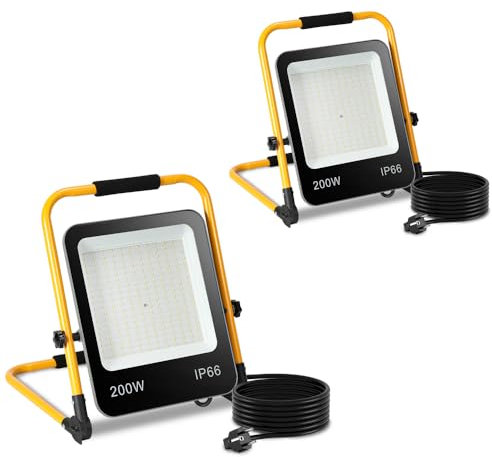 Lospitch LED Projecteur de chantier 200W, 2x projecteur de travail 6000k blanc froid, 18000LM lampe de chantier de construction, étanche IP66, pour atelier, garage (câble 3M avec prise)