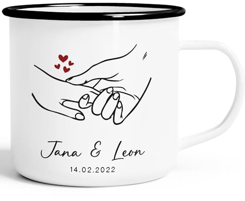 SpecialMe® Emaille-Tasse Geschenk Liebe Motiv Hände Herzen personalisierbar mit Namen und Datum Emaille-weiss-schwarz standard