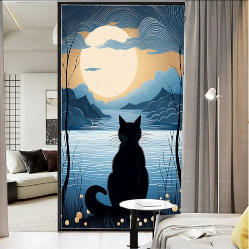 Rustikale Mond-Katzen-Fensterfolie, abstraktes Vintage-Tier, Buntglas-Fensterfolie, dekorative Fensterfolie für Fenster und Glastür, Sonnenblockierung, 80 x 120 cm (B x L)