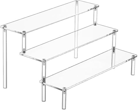 LIDOUK Acrylic Riser Clear Display Stand Cologne Organizer Acrylic Shelves Shelf for Figures Toys Cupcake Food Desserts Perfume Collection (3 Tier)