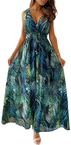 CheChury Women Maxi Dress Summer Sleeveless V-Neck Floral Casual Long Dress Beach Boho Style Deep V Back Sundress Flowy Dresses,Green,L