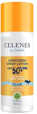 Celenes by Sweden Sonnenschutzspray SPF50 für Kinder - Sanft zu empfindlicher Haut | Mineralischer Schutz für alle Hauttypen | Wasserfest, ohne Parfüme/Parabene oder Alkohol | Kräuterformel - 150ml
