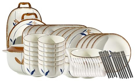 TT-YEC Juego De Vajilla Redonda De 55 Piezas, Juego De Vajilla De Cerámica, Juego De Vajilla Con Estampado Marrón Y Azul, Microondas De Cocina Y Lavavajillas Seguro,D