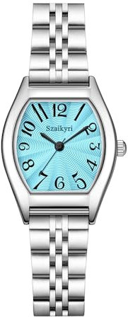 Szaikyri Rechteck Damenuhr mit Arabischen Ziffern Zahlen Damenkleiduhr Armbanduhr Damen (Blue-Silver)