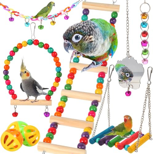 YIXUND Vogelspielzeug für Sittiche, Papageien, Sittiche, Nymphensittiche, Liebesvögel, Finken, Mynah, Wellensittich, 9 Stück Holzleiterbrücke, Schaukel, Hängematte, Käfigzubehör