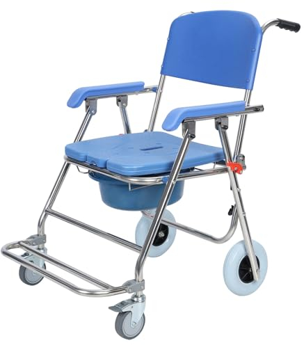 RFEGJVII Cómoda de cama con ruedas, silla de ducha plegable, silla de ducha móvil para ancianos, discapacitados y discapacitados, silla de inodoro impermeable con brazo y respaldo, fácil de
