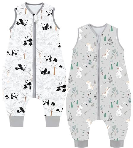 Chilsuessy Baby Schlafsack mit Füße 2er Pack 1.5 Tog Ganzjahres Schlafsack Baby Schlafsäcke Babyschlafsack mit Beinen für Säugling Kinder, 1.5 Tog/Süßer Welpe + Panda, 90cm/Baby Höhe 100-110cm
