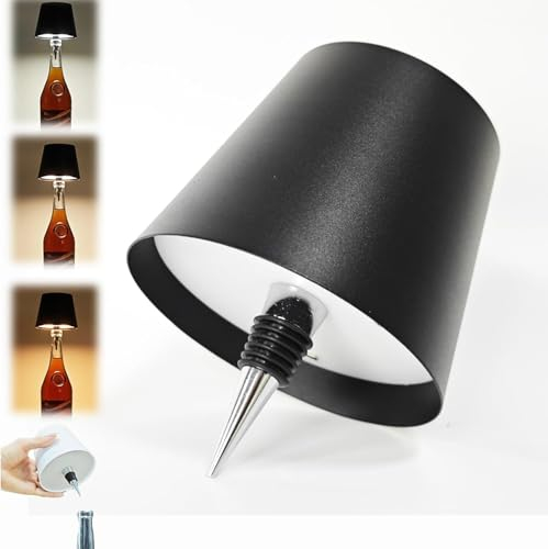 Asslye Wireless Bottle Lamp,3 Color Stepless Dimming Metal Wine Bottle Light,RGB LED Rechargeable Touch Control Portable Wireless Bottle Lampshade for Home, Bedroom, Restaurant, Bar(Black)