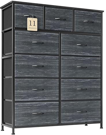 Flrrtenv Chest of Drawer with 11 Drawers, Modern Bedroom Cabinte, Fabric Drawers with Wooden Top, Sturdy Metal Frame, Tall Black Hallway Storage Unit