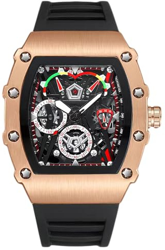 RORIOS Tonneau Armbanduhren für Herren Mode Sport Edelstahl Uhr Mode Quarz Uhr Leuchtend Analog Herrenuhr Sport Edelstahl Uhren mit Silikon Armband Schwarz C