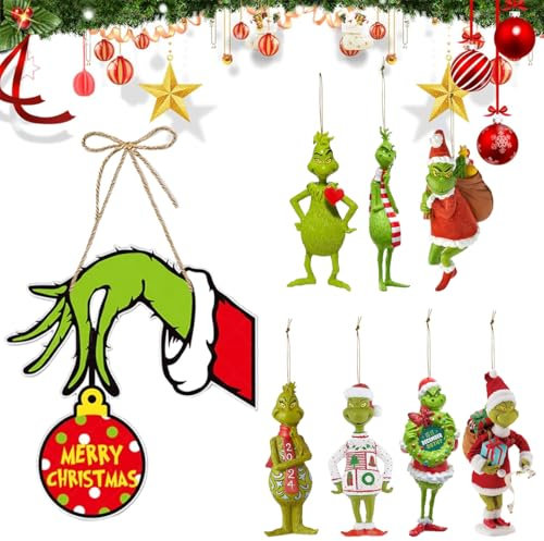 Grinch, decorazioni natalizie, decorazioni natalizie a forma di albero di Natale, divertenti decorazioni in resina verde, le vacanze, feste
