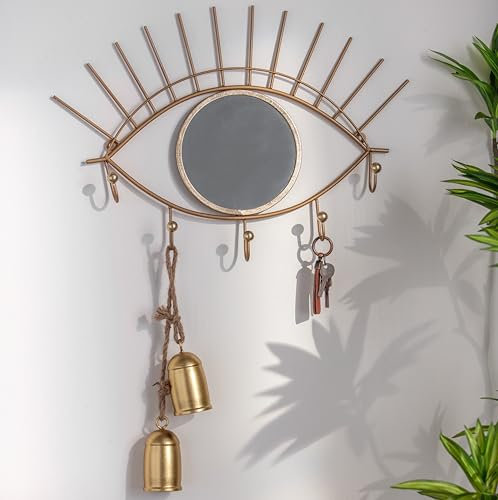 K&L Wall Art Metall Schlüsselhaken Gold Wandhaken mit Spiegel Goldoptik Schlüsselaufhänger Shabby Chic (Schlüsselhalter Schützendes Auge)