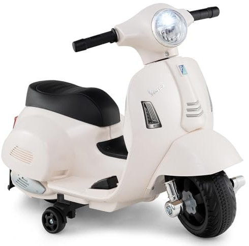 GYMAX Kids Electric Motorbike, 6V Battery Powered Licensed Vespa Motorcycle with Training Wheels, Headlight and Horn Sound, Children Ride on Motor Bike for 18-36 Months Old Boys Girls (White)