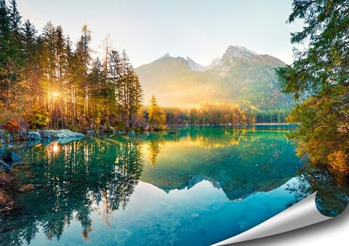 4FINO Berge Poster Natur Bilder Foto Kunstdruck Wandbild Moderne Wand Dekoration Wohnzimmer Schlafzimmer Küche (Hintersee & Watzmann, 70 cm x 50 cm, ohne Rahmen)