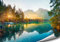 4FINO Berge Poster Natur Bilder Foto Kunstdruck Wandbild Moderne Wand Dekoration Wohnzimmer Schlafzimmer Küche (Hintersee & Watzmann, 70 cm x 50 cm, ohne Rahmen)
